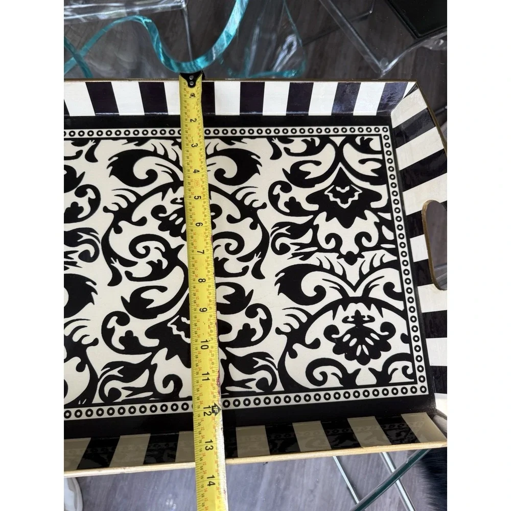 Michel Design Works Black‎ Cream Damask Serving Tray Striped Handles 20